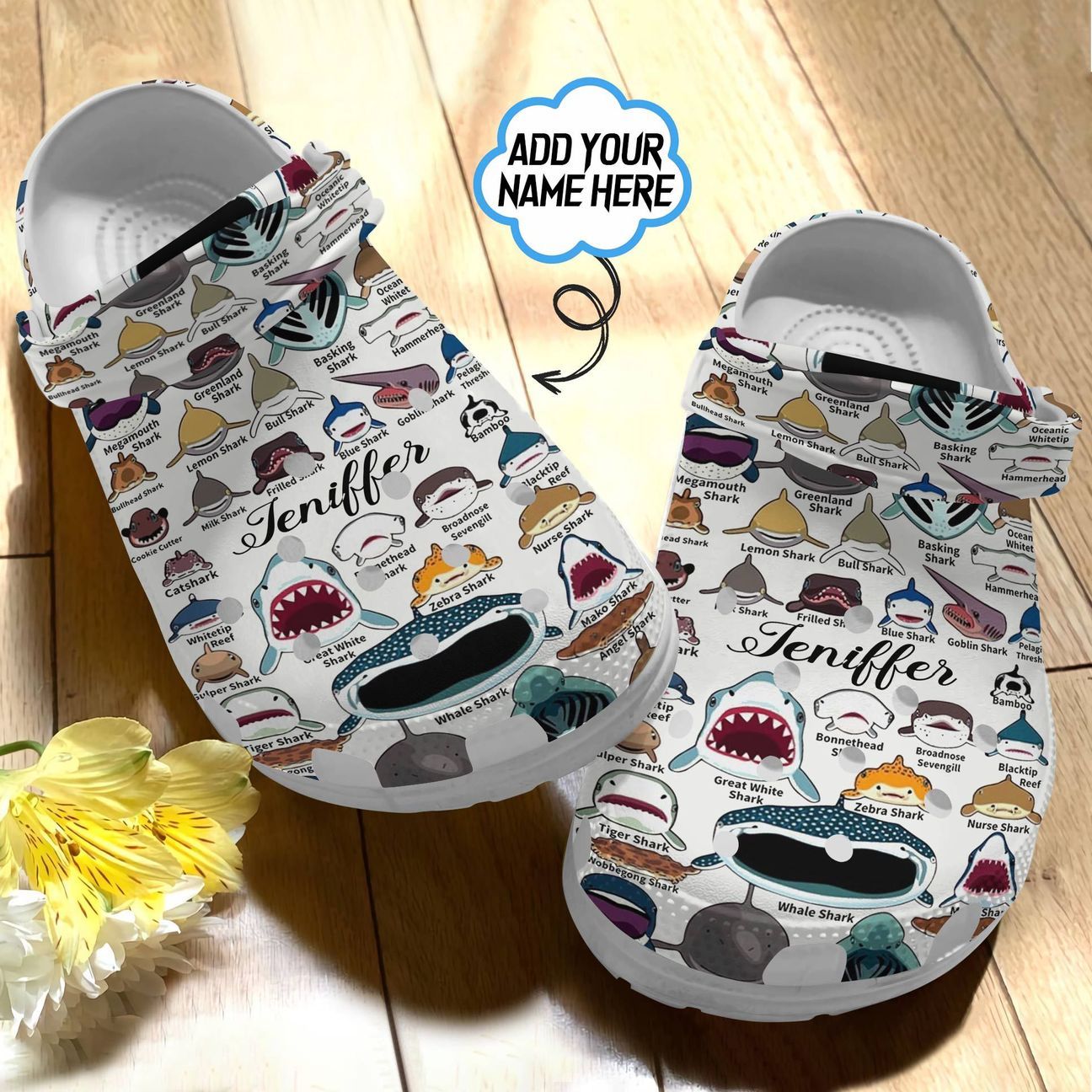 Shark Personalized Personalize Clog, Custom Name, Text, Fashion Style For Women, Men, Kid, Print 3D Whitesole Shark Face