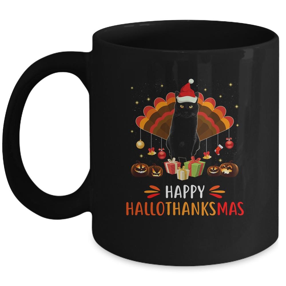 Black Cat Halloween Thanksgiving Christmas Hallothanksmas Mug