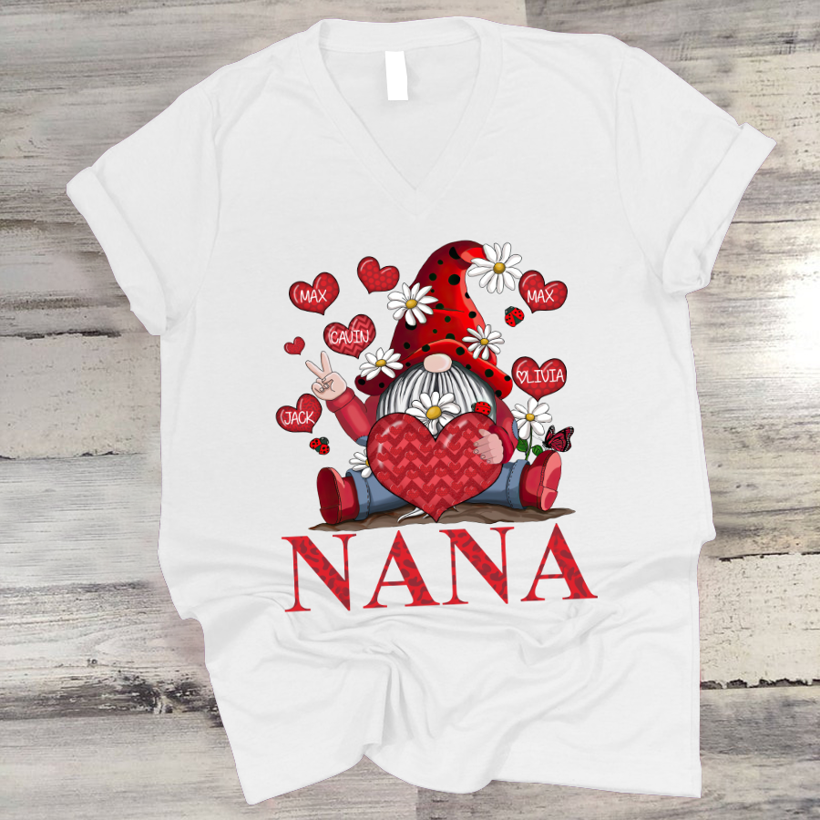 Personalized Grandma And Grandkids Heart Gnome V-Neck