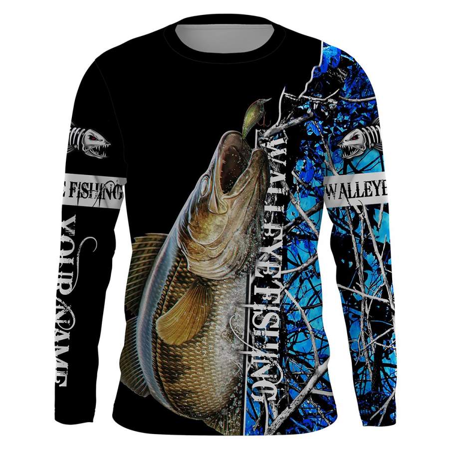 Walleye fishing Blue muddy camo UV protection quick dry Customize name long sleeves UPF 30+ personalized gift for Adult and kid – NQS844