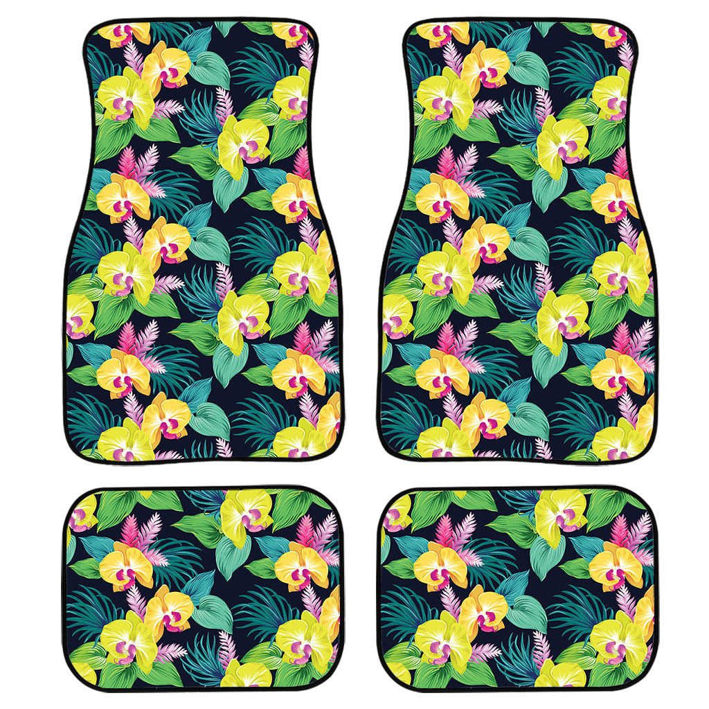 Yellow Orchid Pattern Print Front And Back Car Floor Mats, Front Car Mat