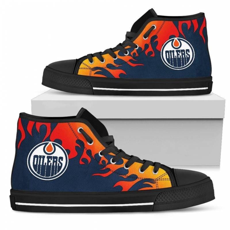 Fire Burning Fierce Strong Logo Edmonton Oilers High Top Shoes #561