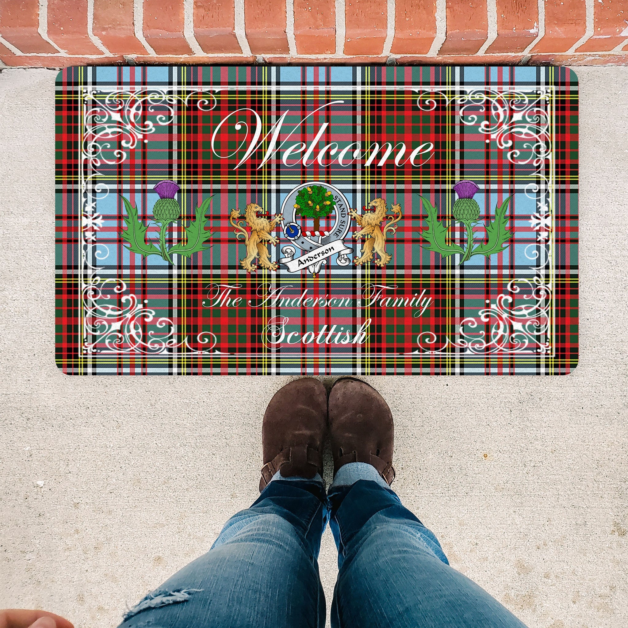 Scotstee Shop Tartan Door Mats Clan Anderson Ancient Badge Tartan Thistle And Two Lion Scottish Plaid Doormat, Christmas Door Mat Gift