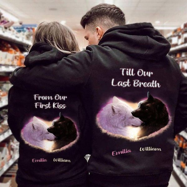 Personalized Till Our Last Breath Black And White Wolf Couple Hoodie