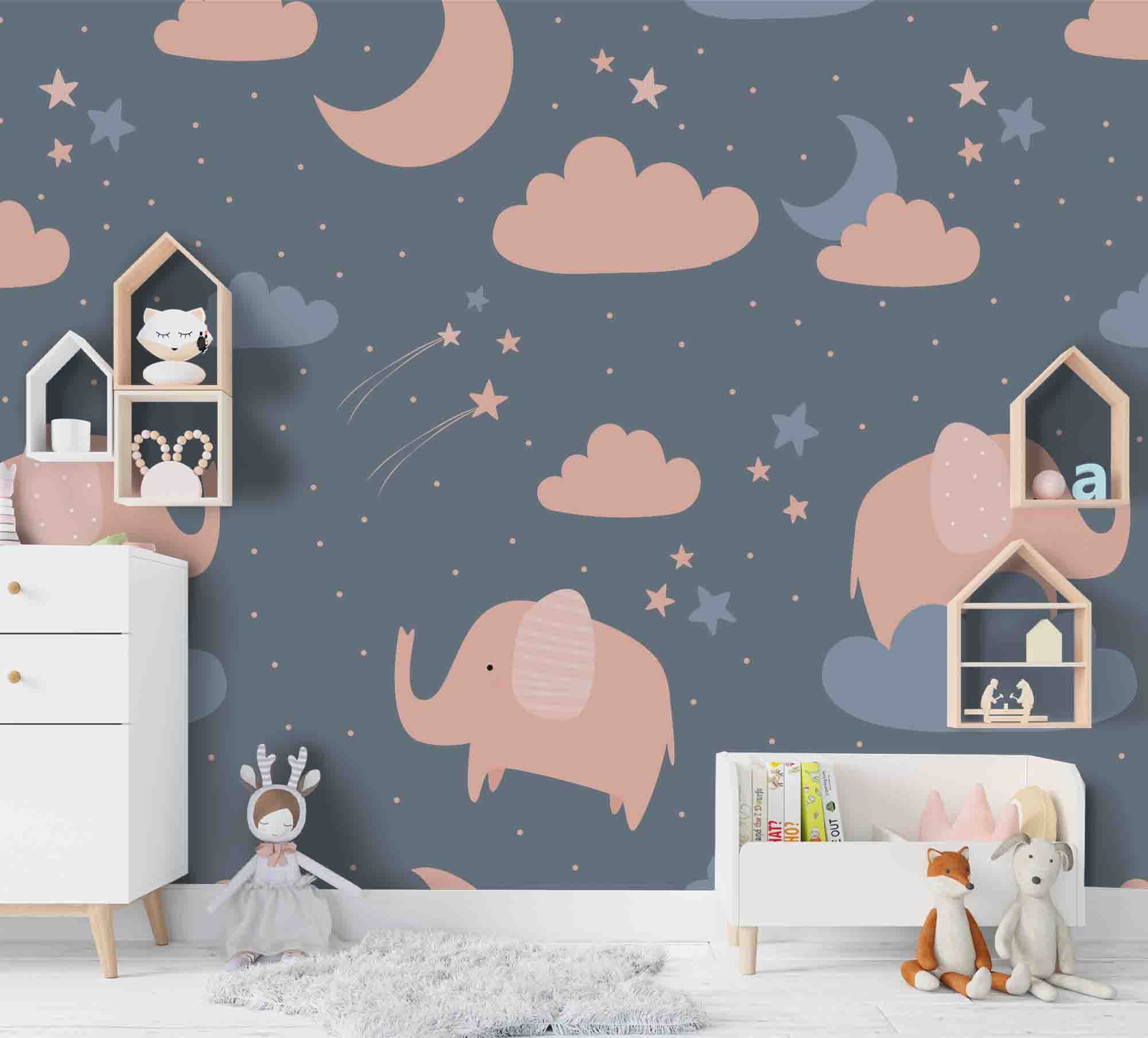 3D Cartoon Elephant Starry Sky Wall Mural Wallpaper A193 Lqh