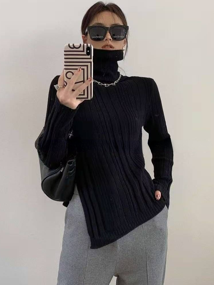 Turtleneck Pullovers Women Minimalist Design Asymmetrical Ladies Side-slit Pure All-match Slim Autumn Sweater Korean Style Chic alx