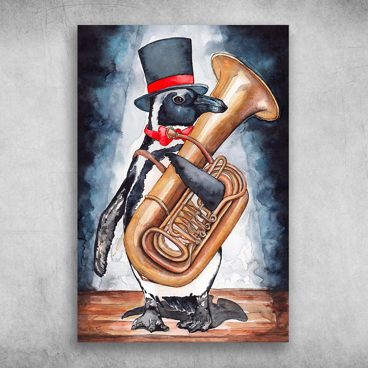 Tuba Addicts Cute Penguin Hugs Tuba Musical Instrument Poster Print Wall Art Canvas Wall Decor