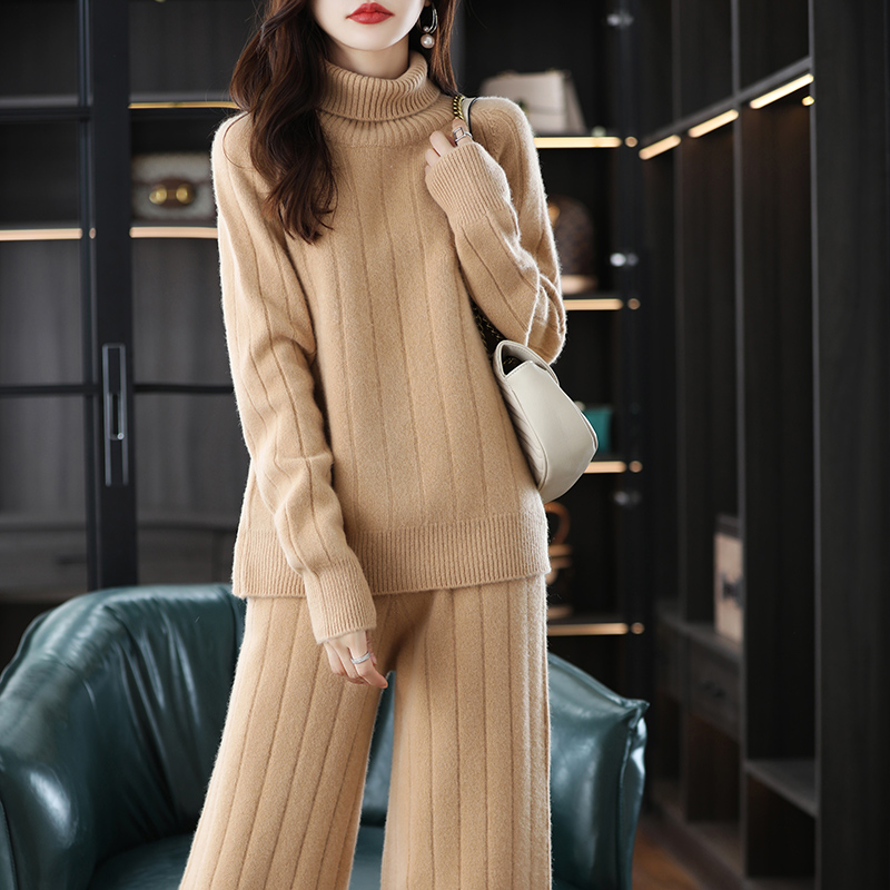 Cashmere Suit For Women In Autumn And Winter Turtle Neck Wide-Leg Pants Loose Fashion Two-Piece Wool Sweater Straight Size alx