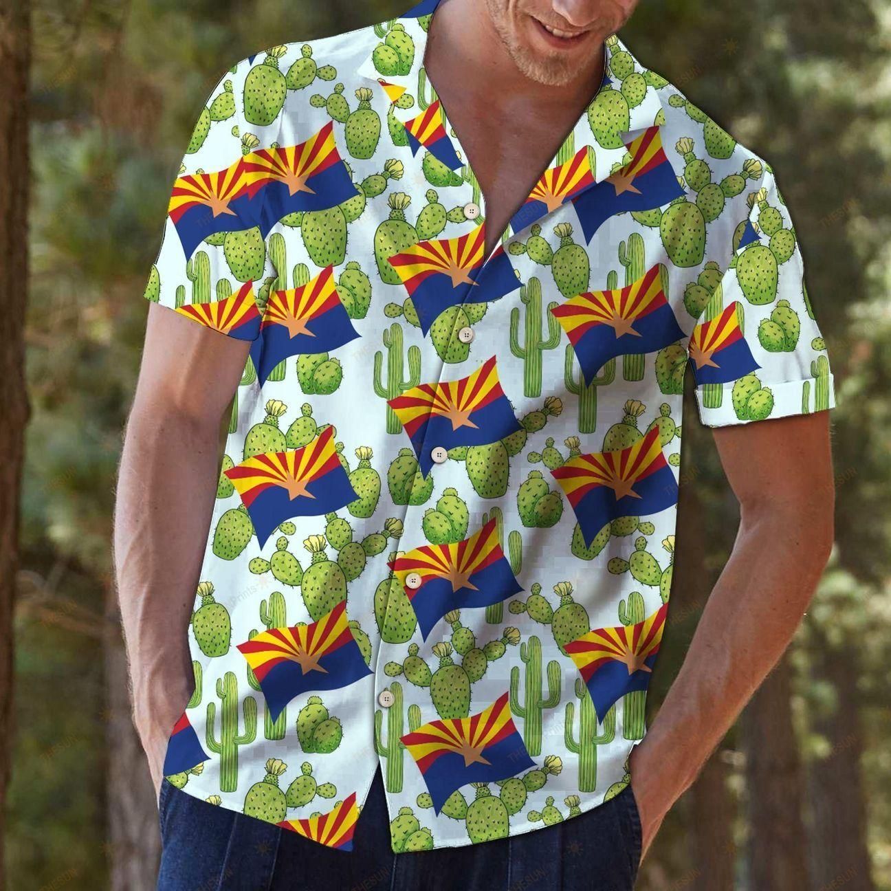 Arizona Saguaro Cactus Blossom Aloha Hawaiian Shirt Colorful Short Sleeve Summer Beach Casual Shirt For Men And Women