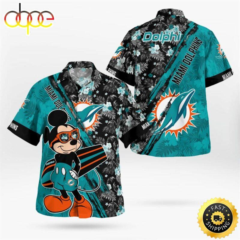 Miami Dolphins Mickey Mouse Floral Short Sleeve Hawaiian Shirt