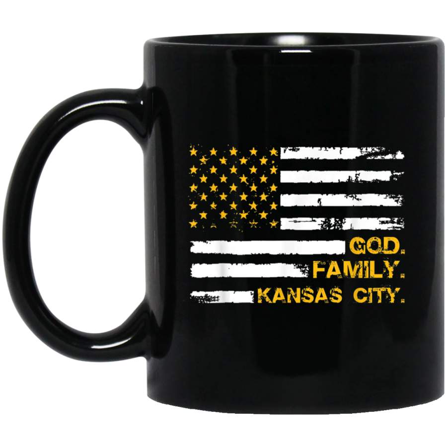 God Family Kansas City Distressed US Flag Football Mug