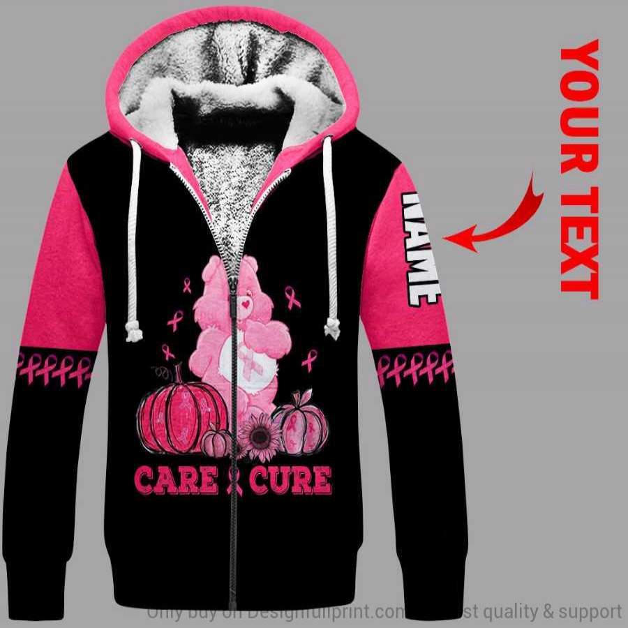 Personalized Care And Cure Pink Bear US Unisex Size Fleece Zipup Hoodie Breast Cancer