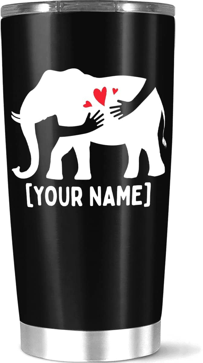 Personalized Coffee Tumbler Elephant Hugging Arm Insulated Thermal Travel Mug Customized Name Gift For Women Men Elephant Lover Birthday Christmas Holiday 20 30 Oz Stainless Steel