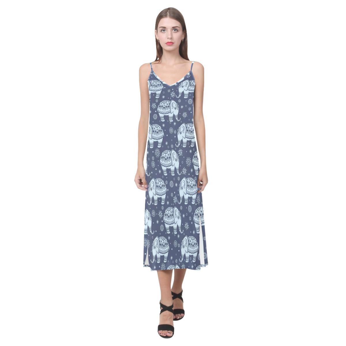 Elephant tribal design pattern V-Neck Open Fork Long Dress