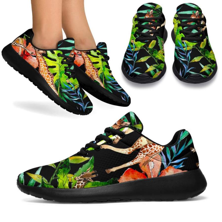 Black Tropical Giraffe Pattern Print Sport Sneakers