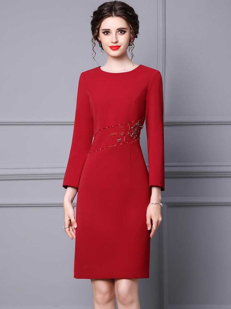 ZJYT Elegant Designer Autumn Red Wedding Party Dresses for Women 2022 Luxury Evening Gown Long Sleeve Straight Office Work Wear alx