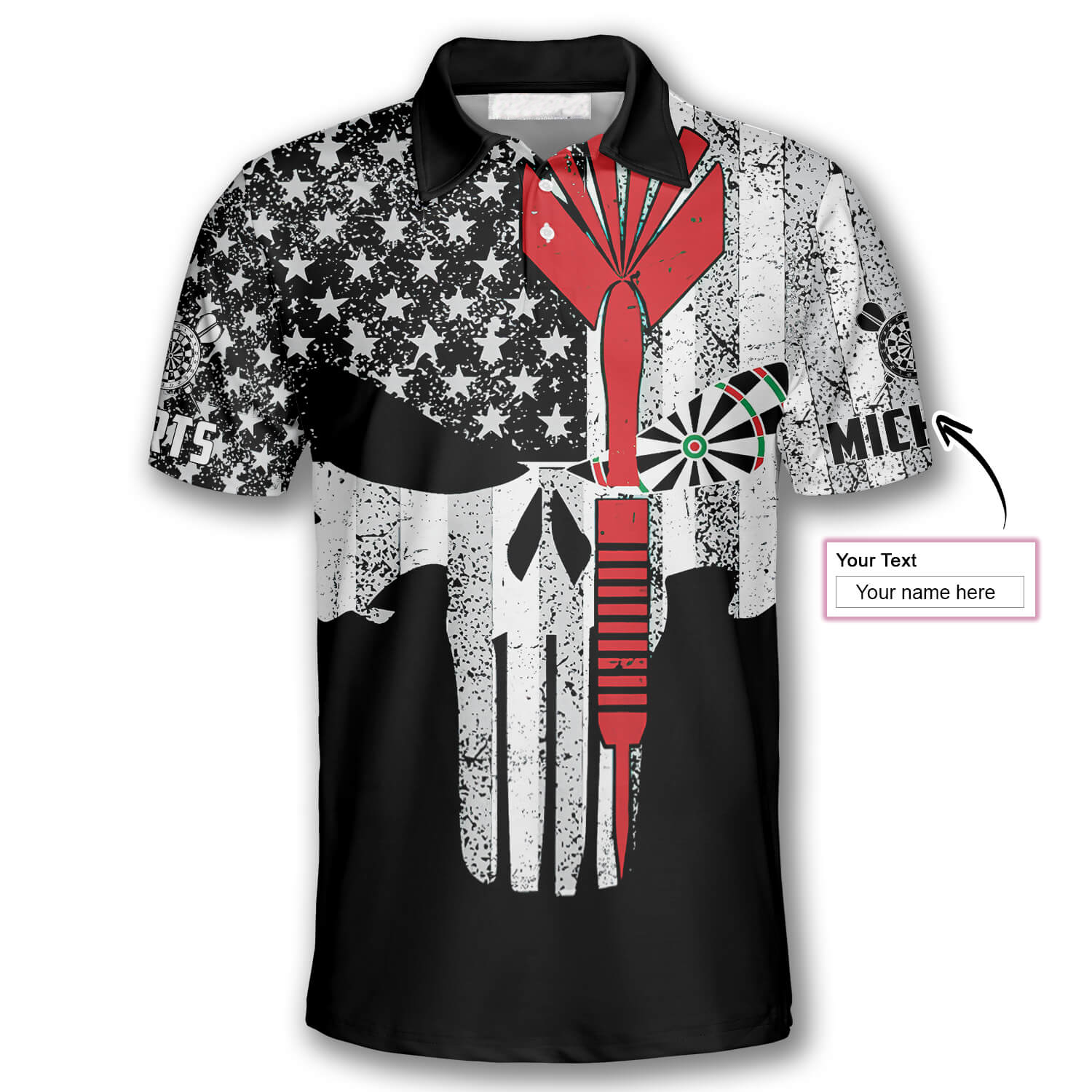 Darts Punisher Skull Custom Polo Shirts For Men, Custom Name Dart Shirt