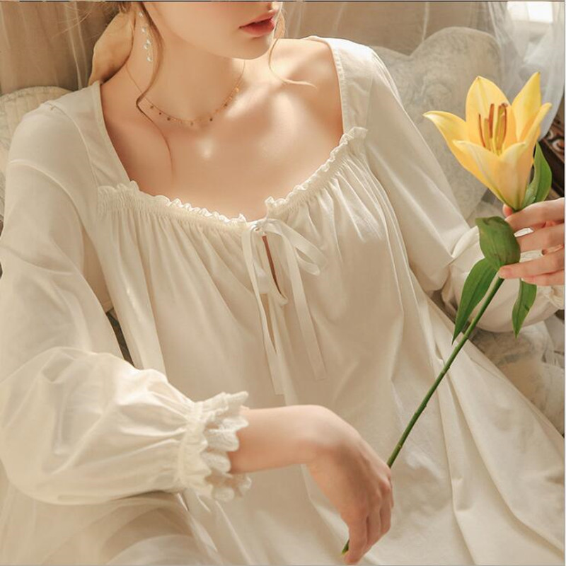 2021 Women White Nightgown Sleepwear Lady Spring Autumn Long Sleeve Nightdress Loose Princess Nightgowns Comfortable Pure Cotton alx