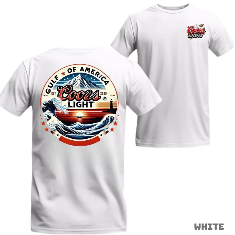 Coors Light Tshirt Soft Cotton Graphic Tee Featuring Gulf of America Sunset Scene with Waves and Lighthouse, Patriotic Beachwear for Men Who Love Beer and Coastal Vibes, Gift for Summer Drinkers.