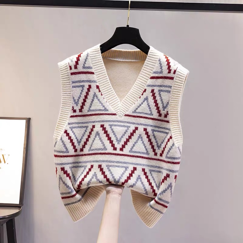 V-neck Jacquard Sweater Vests Tops Women Casual Print Knitted Sleeveless Pullover Korean Fall Winter 2022 Knitwear Waistcoats alx