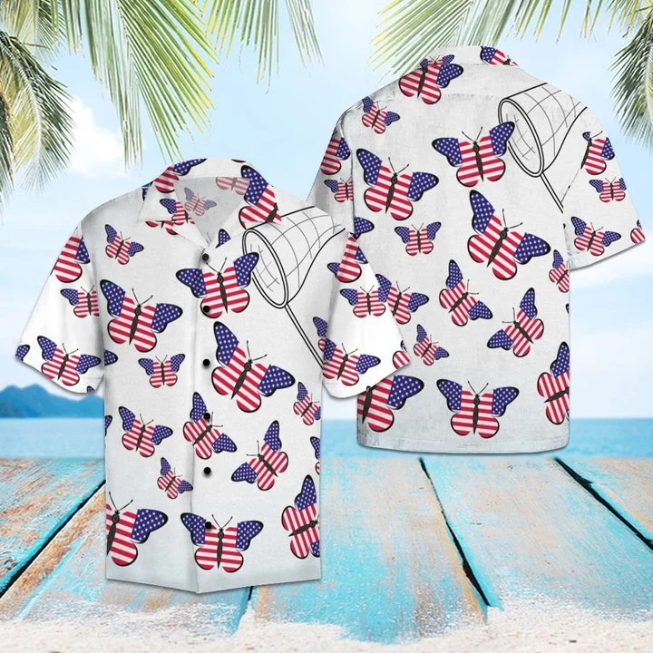 Amazing Butterflies With American Flag Hawaii Short Sleeve Hawaii Aloha Shirt For Men Ha93810