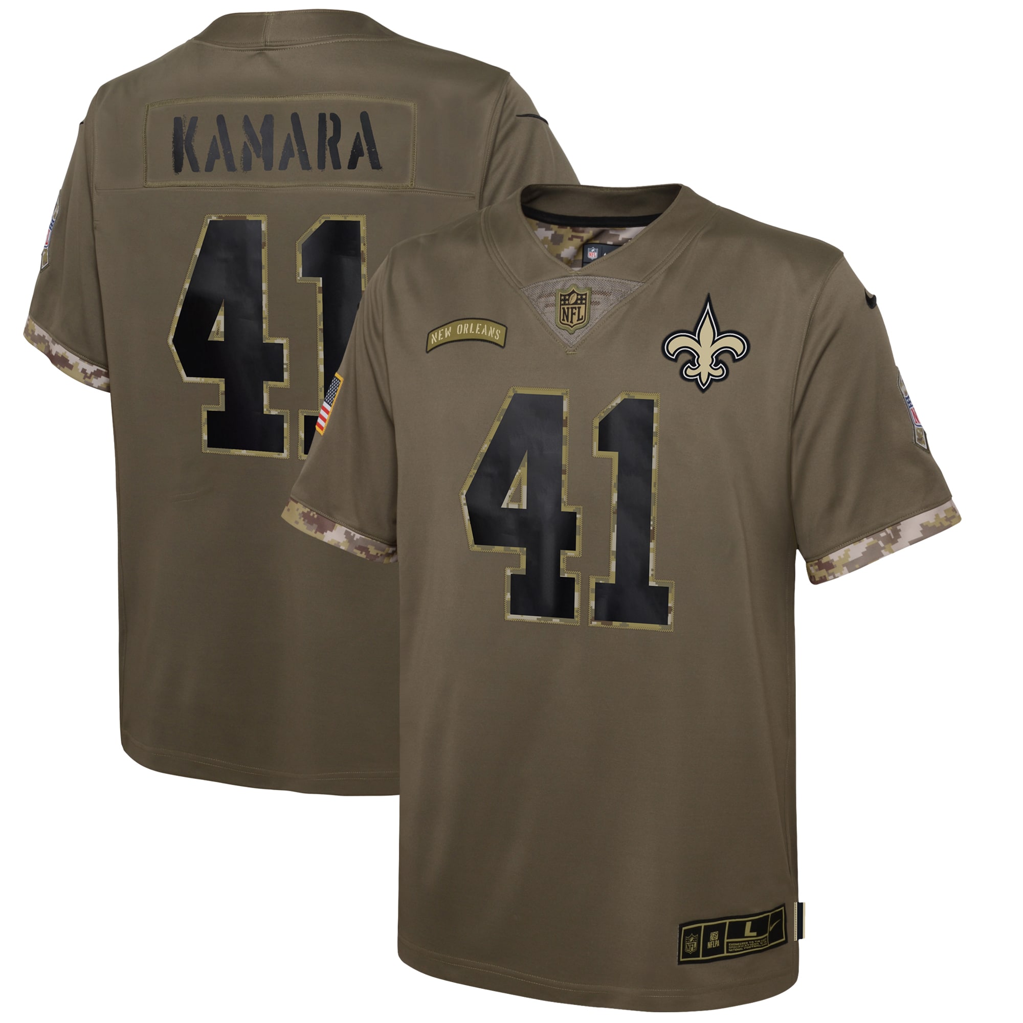 Youth New Orleans Saints Alvin Kamara Olive 2022 Salute To Service Player Limited Jersey