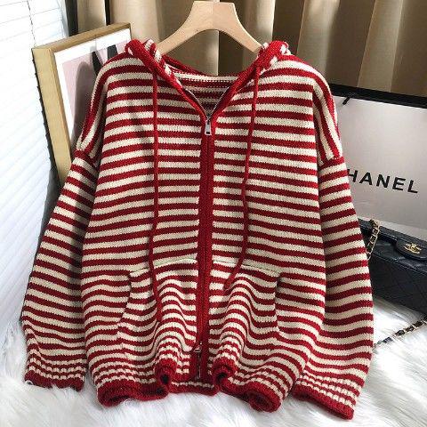 Zipper Stripe Hooded Sweater Cardigan Loose Women’s 2022 Spring New Korean Fashion Knitted Top Pd alx