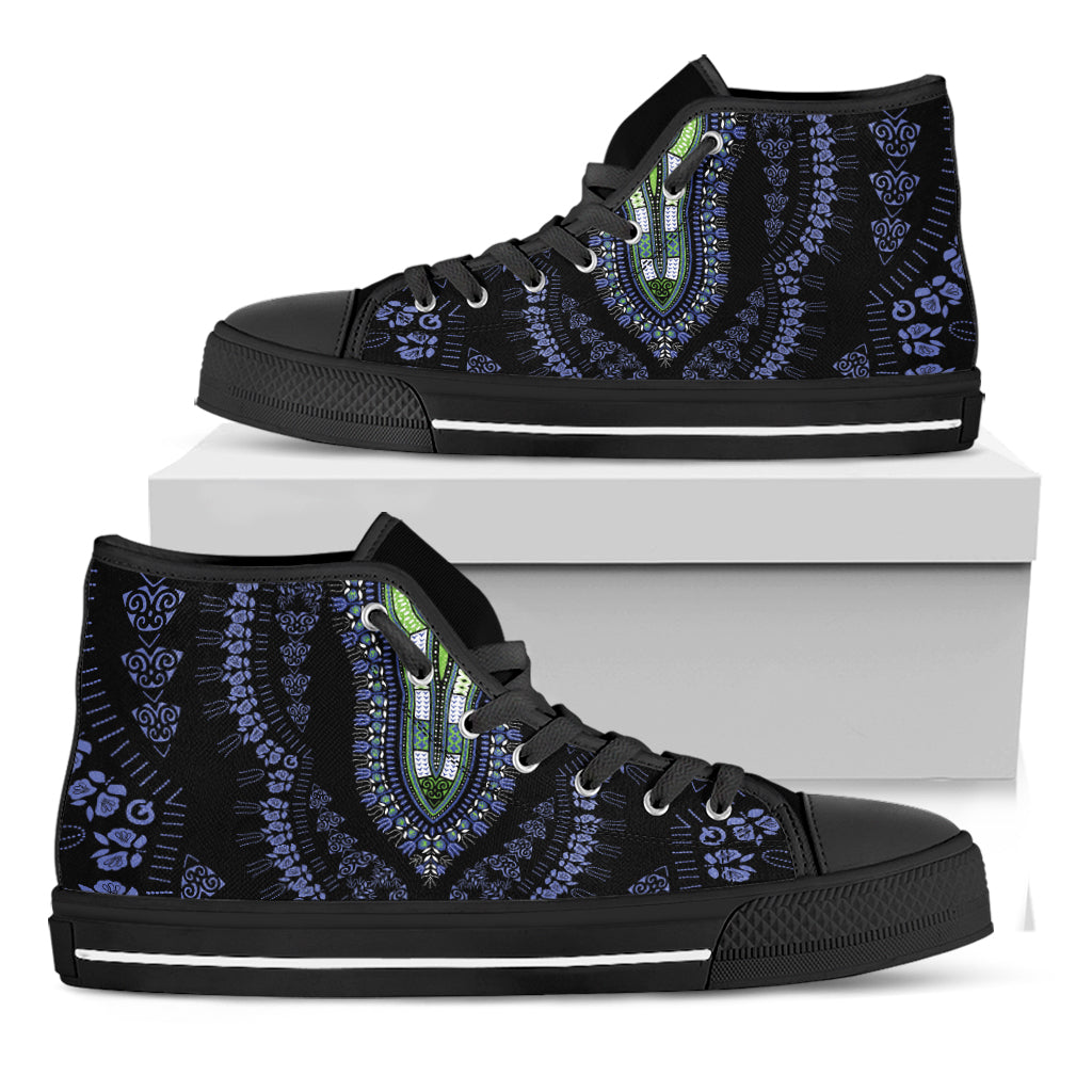 Blue And Black African Dashiki Print Black High Top Shoes