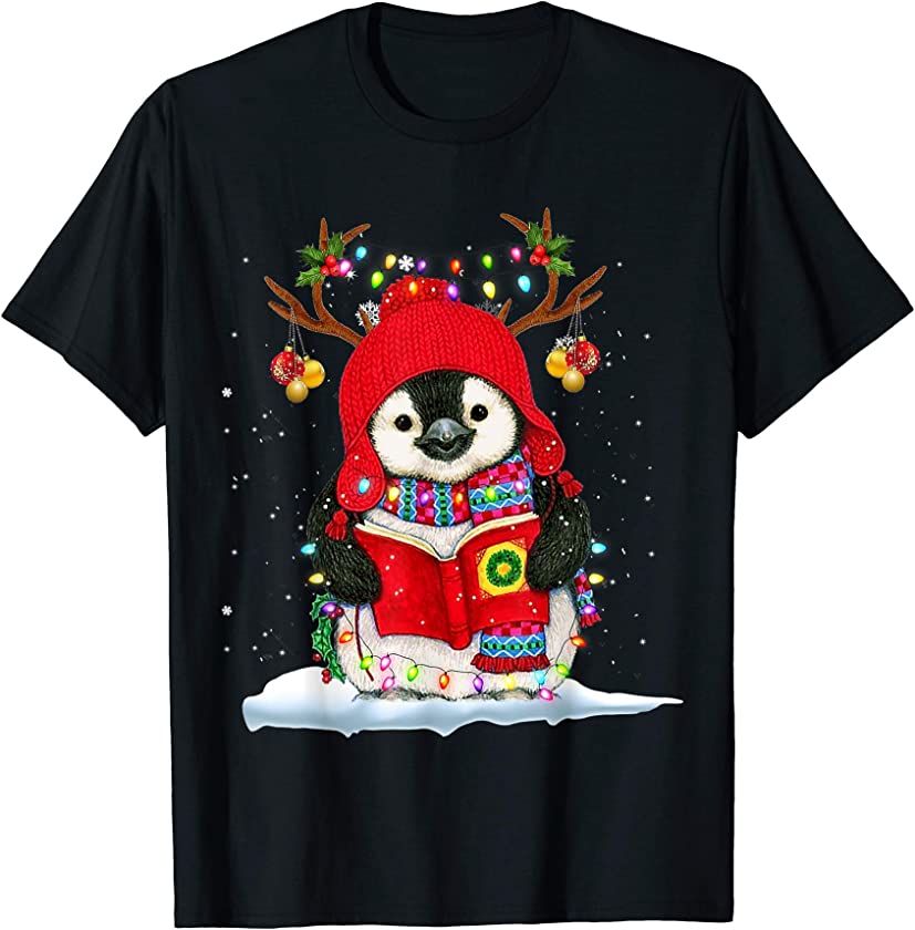 Penguin Reindeer Santa Hat Xmas Lights Gift Penguin Lover T-Shirt