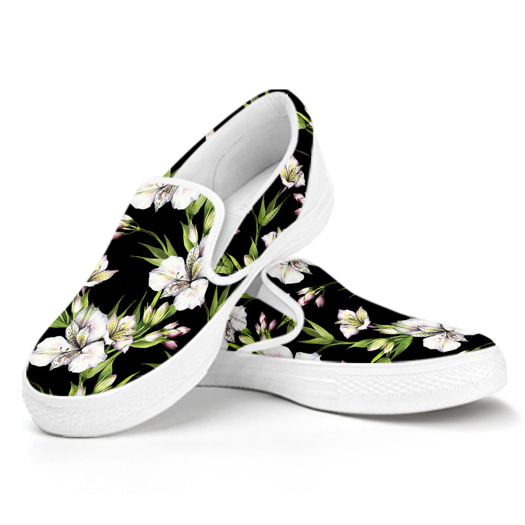 Watercolor Alstroemeria Pattern Print White Slip On Shoes