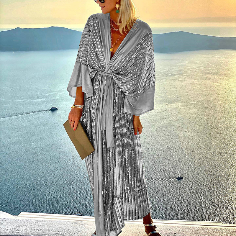 Autumn Casual Maxi Dresses For Women Deep V Neck Batwing Sleeve Party Dress Women Beach Long Dress alx