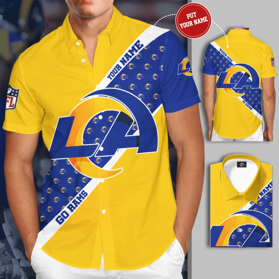 Personalized Los Angeles Rams Logo Go Rams All Over Print 3D Short Sleeve Dress Shirt Hawaiian Summer Aloha Beach Shirt – Yellow Blue-Tph