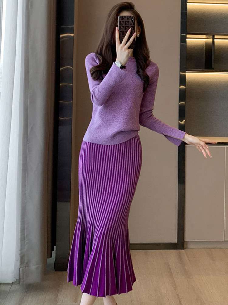 SMTHMA Two Piece Sets Women Autumn Winter O-Neck Long Sleeves Elegant Sweater + High Waist Ladies Mermaid Knit Long Skirt Suit alx