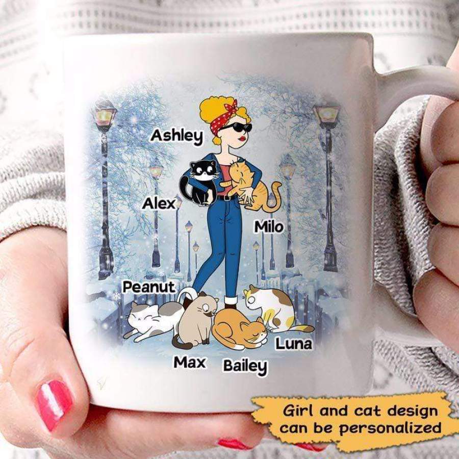 Cat Lady In Winter Street Personalized Mug