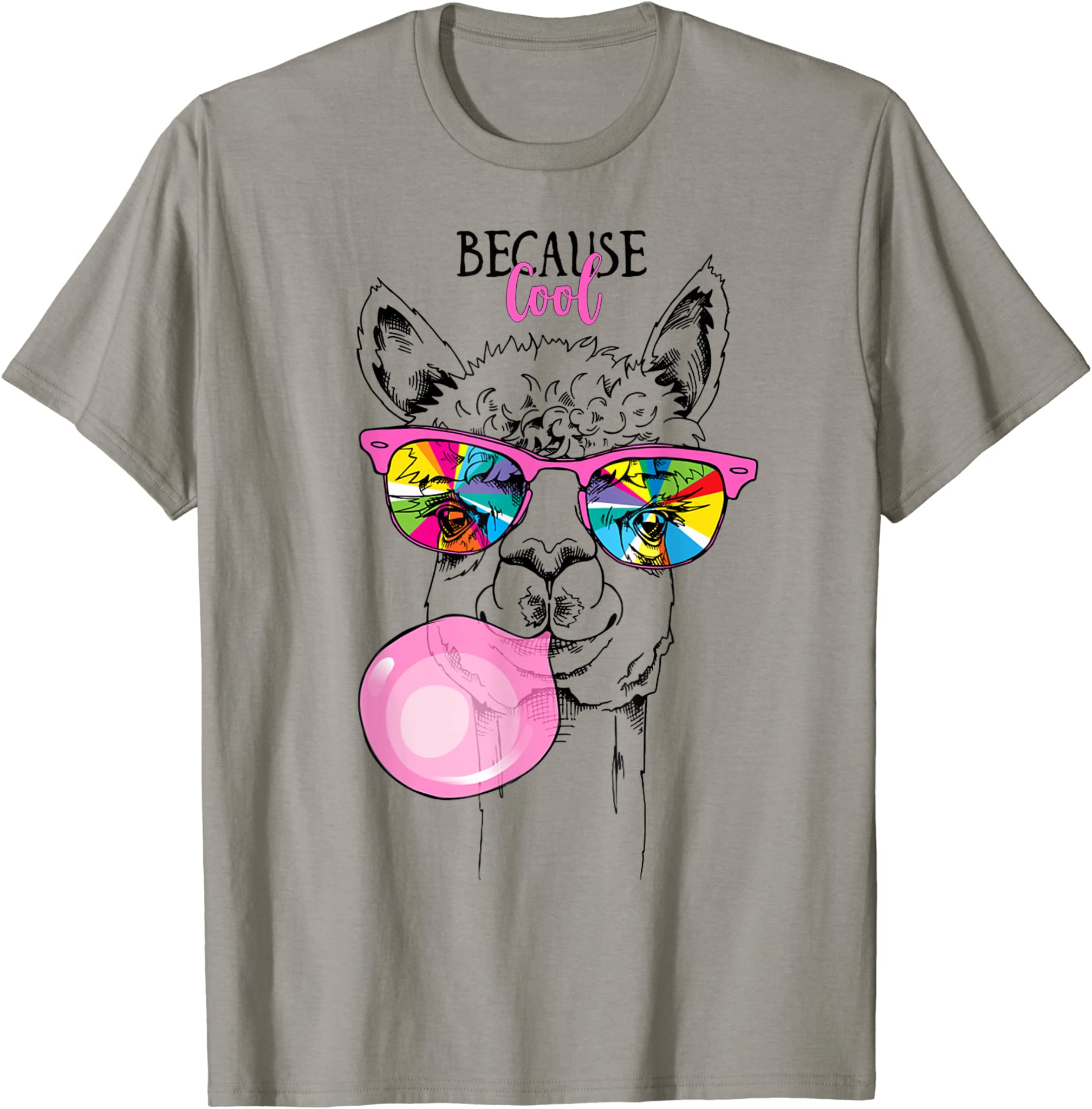 Funny Llama in a rainbow glasses, pink bubble gum funny T-Shirt