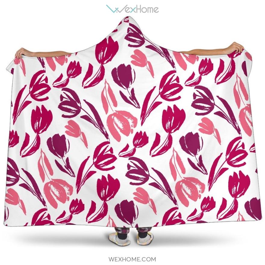 Pink Sketch Tulip Pattern Hooded Blanket