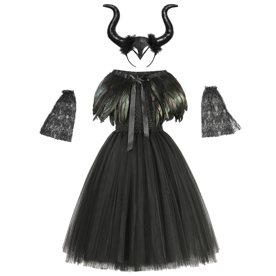 Vicious Queen Evil Black Gown Halloween Costume Dark Witch Girls Tutu Dress With Feather Cape Horn Headpiece alx