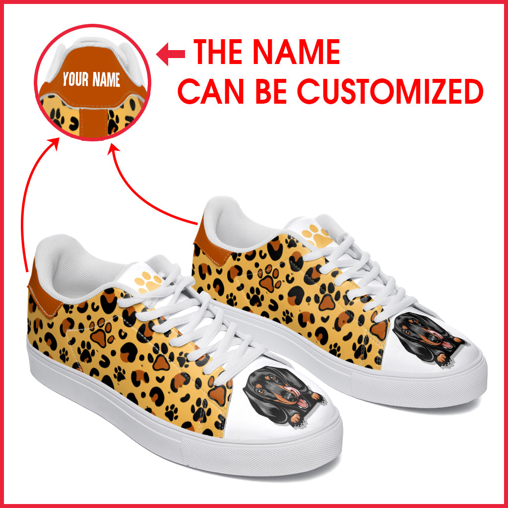 Dachshund Dog Lover Shoes Pattern Leopard Leather Sneaker – Personalized Custom – Best Gift For Dog Mom