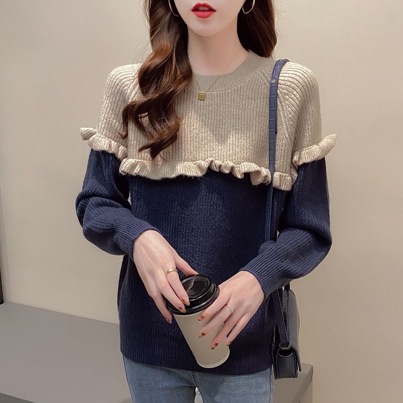 Stylish O-Neck Spliced Knitted Loose Ruffles Sweaters Women’s Clothing 2022 Autumn New Casual Pullovers All-match Commute Tops alx