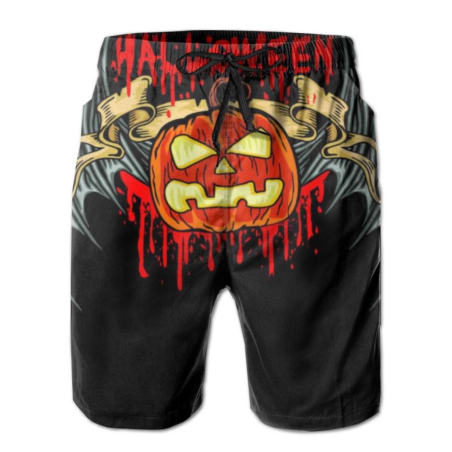 2 Pack Bloody Bat Pumpkin Halloween Poster Men Swim Trunks Drawstring Elastic Waist Quick Dry Beach Shorts with Mesh Lining Swimwear Bathing Suits