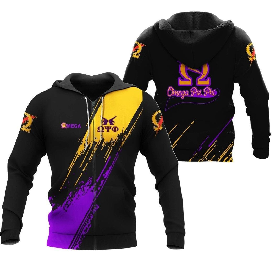 Fraternity Hoodie – Omega Psi Phi Yellow Purple Paint Style Zip Hoodie