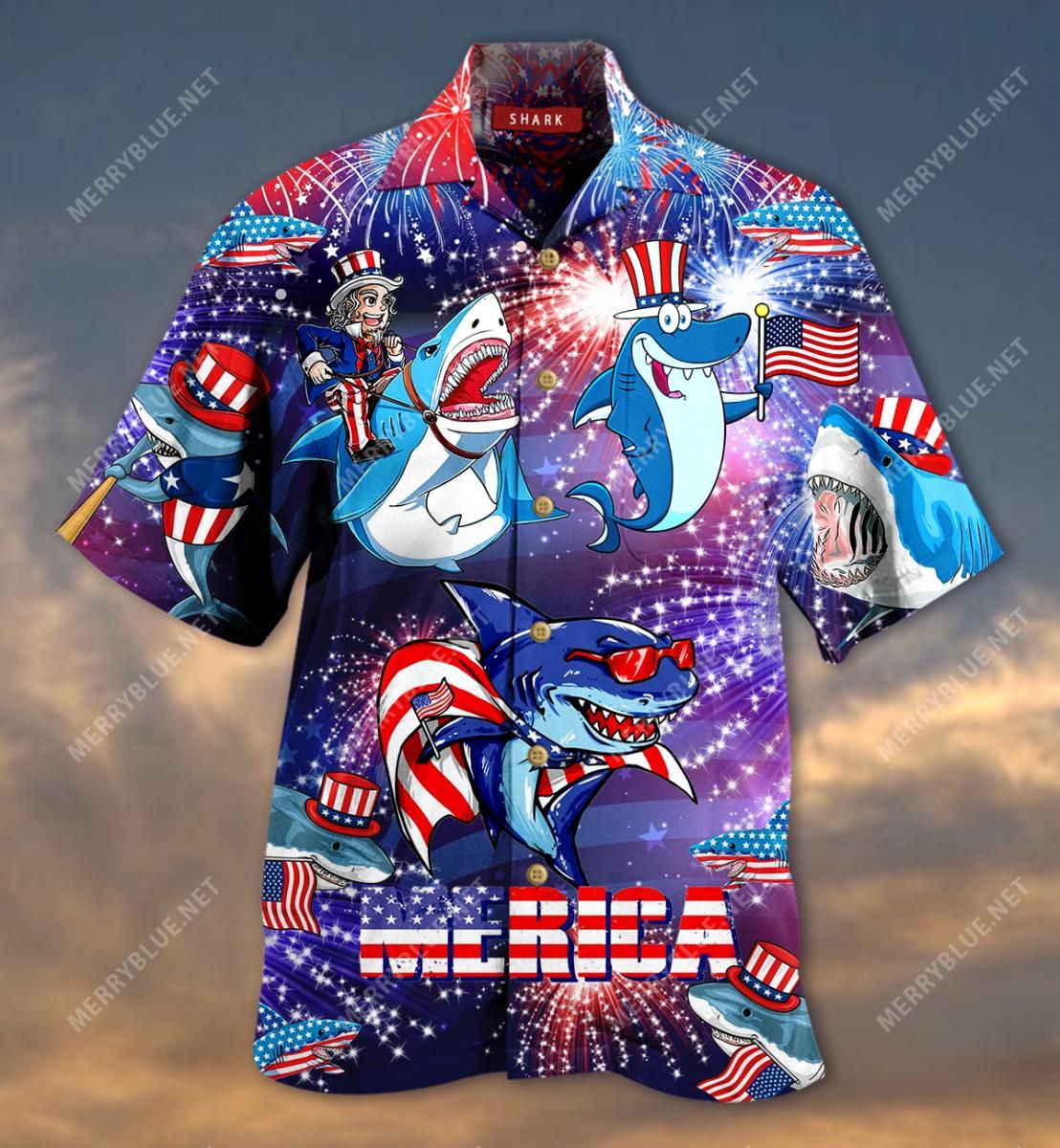 Shark Merica Patriotic Aloha Hawaiian Shirt Colorful Short Sleeve Summer Beach Casual Shirt For Men And Women