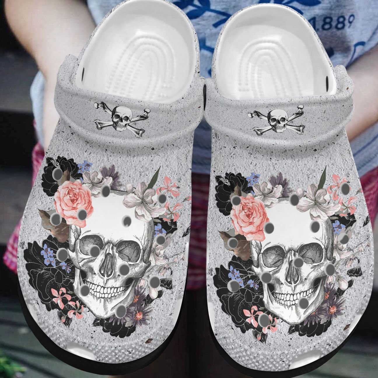 Skull Personalized Clog, Custom Name, Text, Color, Number Fashion Style For Women, Men, Kid, Print 3D Skull Flowers