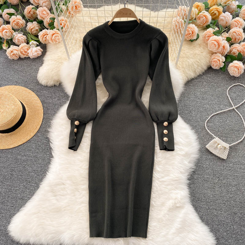 Autumn and Winter European and American Fashion Solid Color Breasted Puff Sleeves Slim High Waist and Thin Knitted Dress Women alx