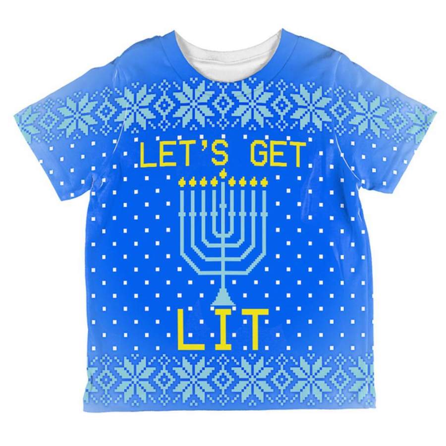 Ugly Christmas Sweater Let’s Get Lit Menorah Hanukkah All Over Toddler T Shirt