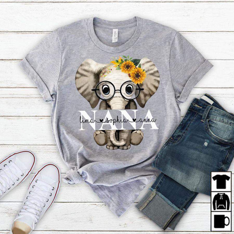 Namashops Personalized Nana Elephant, Custom Names Shirt