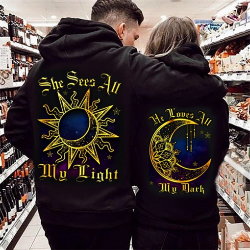 She Sees All My Light He Loves All My Dark Hoodie, Couple Hoodie, Sun Moon Couple Hoodie, Husband Wife Hoodie, Unisex Sweatshirt, Sweatshirt