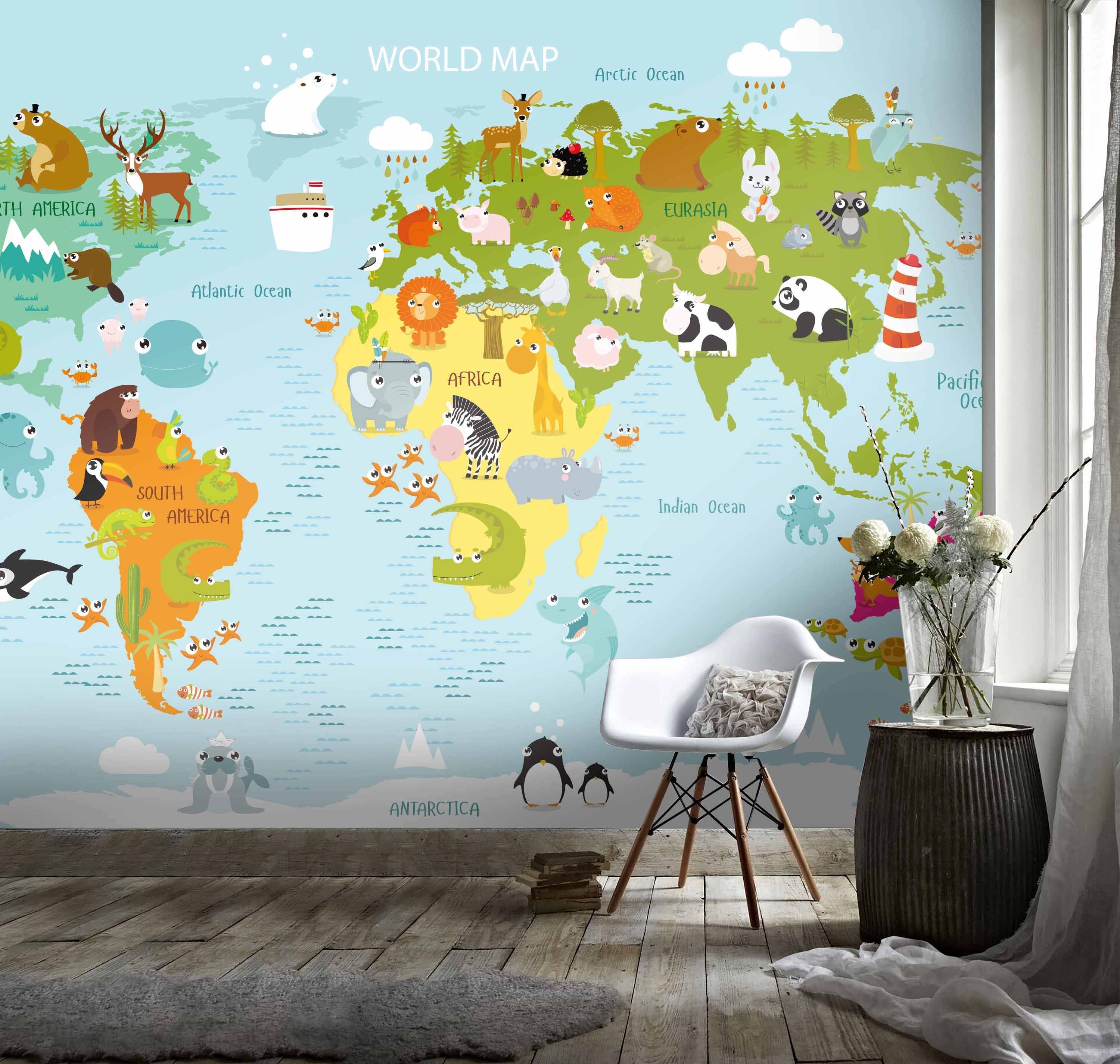 3D Kids, Cartoon, Animal, World Map Wallpaper-Nursery