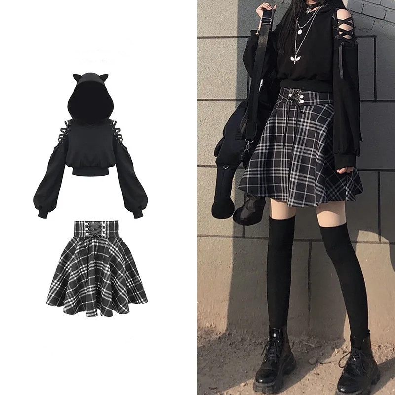 Black Japanese sweet girl raw cute cat ears hooded sweater high waist skirt spring suit two-piece women’s clothing alx