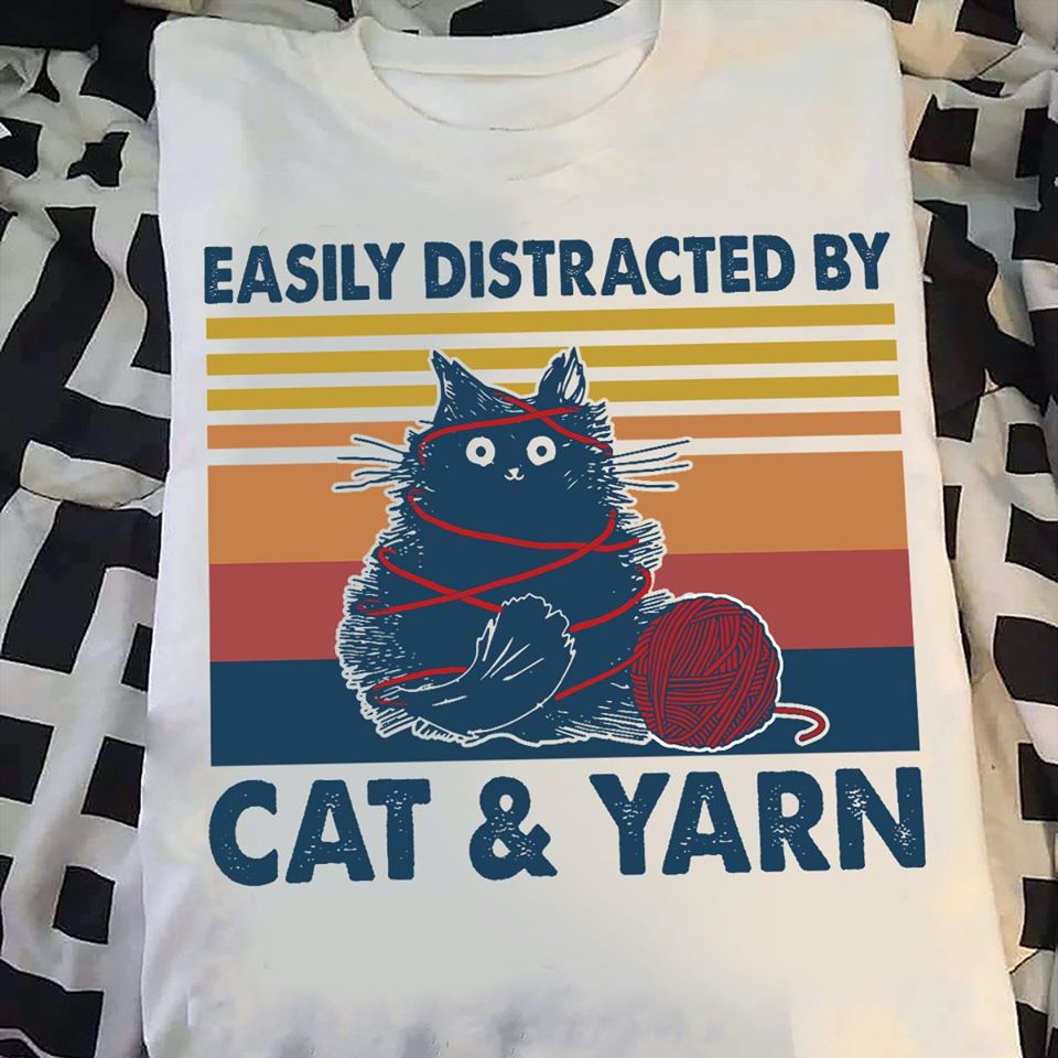 Easily Distracted By Cat & Yarn Cotton T-Shirt